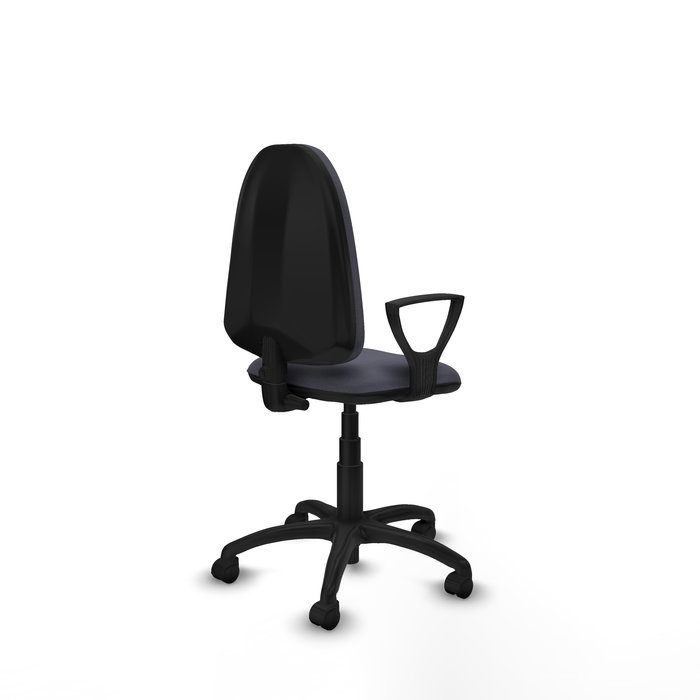 Chaise de bureau Aýna avec mécanisme Contact permanent de base, revêtue de tissu gris foncé. Équipée d'une base en polyamide noir, d'accoudoirs fixes et de roulettes en nylon de 50 mm.