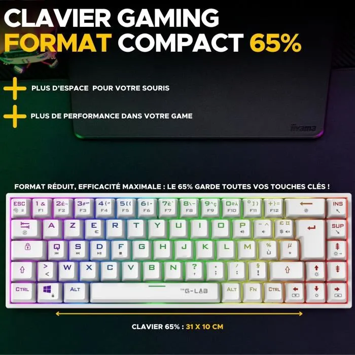 The G-Lab KEYZ TITAN - Clavier mécanique gamer filaire 65%, switches Outemu Rouge, rétroéclairage RGB, 100% anti-ghosting, NKRO, compact - Blanc The G-Lab KEYZ TITAN - Clavier mécanique gamer filaire 65%, switches Outemu Rouge, rétroéclairage RGB, 100% anti-ghosting, NKRO, compact - Blanc