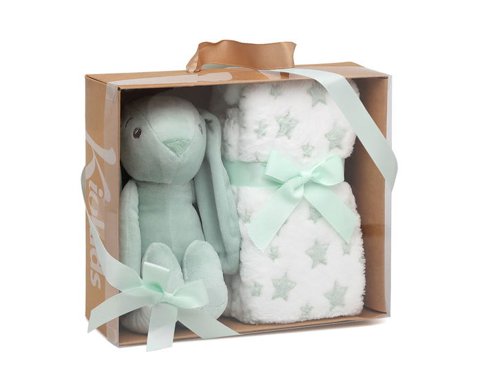 KioKids - Peluche lapin vert 25 cm avec doudou couverture 100x100 cm étoiles pour bébé 0 mois, 100% polyester, jouet de réconfort et d'attachement
