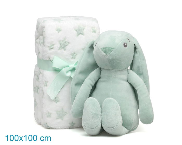 KioKids - Peluche lapin vert 25 cm avec doudou couverture 100x100 cm étoiles pour bébé 0 mois, 100% polyester, jouet de réconfort et d'attachement