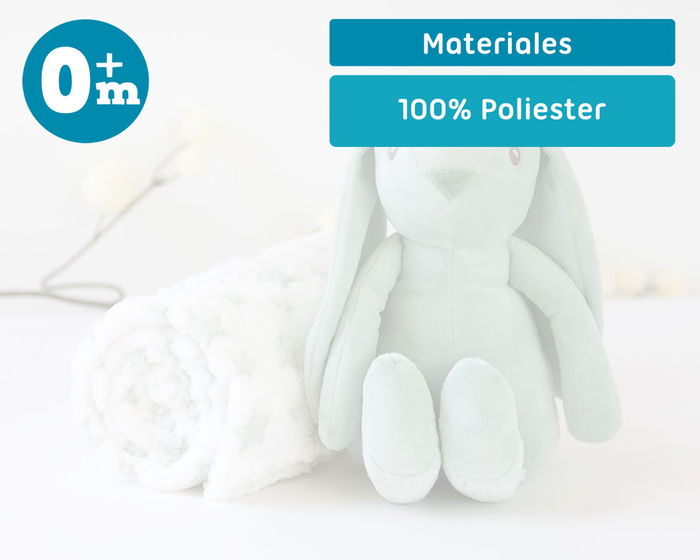 KioKids - Peluche lapin vert 25 cm avec doudou couverture 100x100 cm étoiles pour bébé 0 mois, 100% polyester, jouet de réconfort et d'attachement