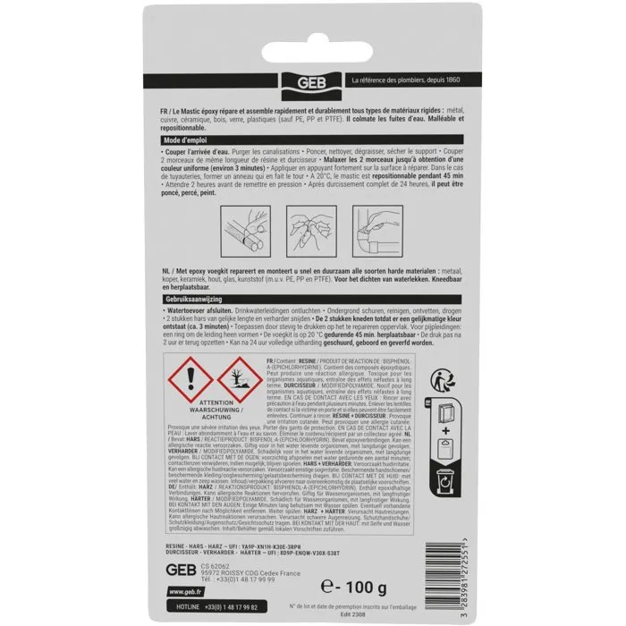 GEB Mastic époxy 2 bâtons - Réparation multi-matériaux pour canalisation, tuyau, radiateur - 100 g - Applicable sous l'eau - Tenue 20 bars et 120°C
