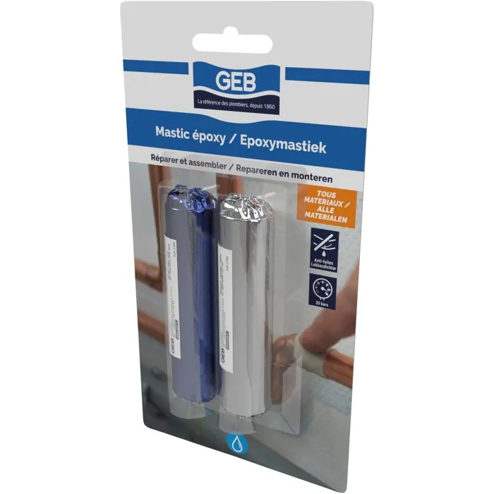 GEB Mastic époxy 2 bâtons - Réparation multi-matériaux pour canalisation, tuyau, radiateur - 100 g - Applicable sous l'eau - Tenue 20 bars et 120°C
