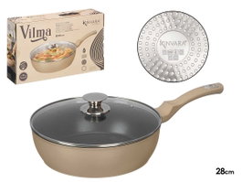 Kinvara Poêle à Induction Forgée avec Couvercle 28 cm Beige et Noir Aluminium et Verre (Set de 6)