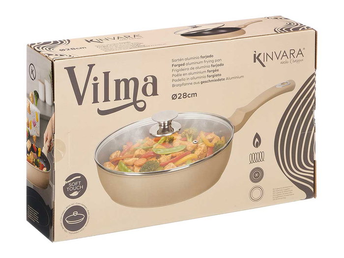 Kinvara Poêle à Induction Forgée avec Couvercle 28 cm Beige et Noir Aluminium et Verre (Set de 6)
