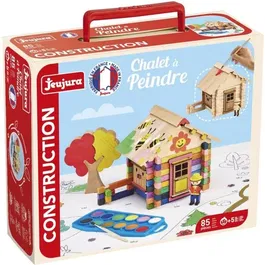 Jeujura Chalet à Peindre - Jeu de Construction en Bois 85 Pièces avec Accessoires et Peinture, Dimensions 26x24x9 cm