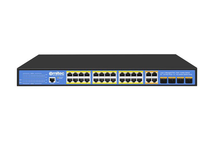 Switch Ernitec Géré PoE 28 Ports Gigabit - 24 Ports RJ45 + 4 Ports SFP Gigabit, 4 Ports PoE RJ45, Console, Layer 2+, Alimentation PoE 370W Switch Ernitec Géré PoE 28 Ports Gigabit - 24 Ports RJ45 + 4 Ports SFP Gigabit, 4 Ports PoE RJ45, Console, Layer 2+, Alimentation PoE 370W