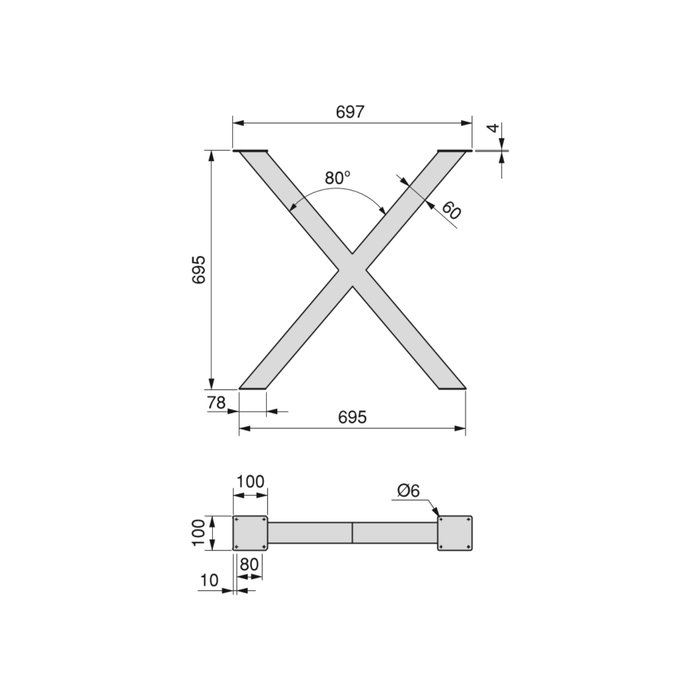 Emuca Jeu de pieds Cross pour table, largeur 695mm, Acier, Peint en blanc