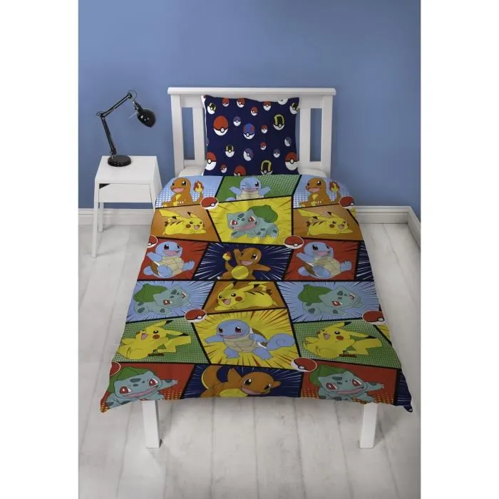 Pokemon - Parure de lit réversible en microfibre Starter & Poké-ball, licence officielle - Housse de couette 140 x 200 cm + Taie d'oreiller 63 x 63 cm