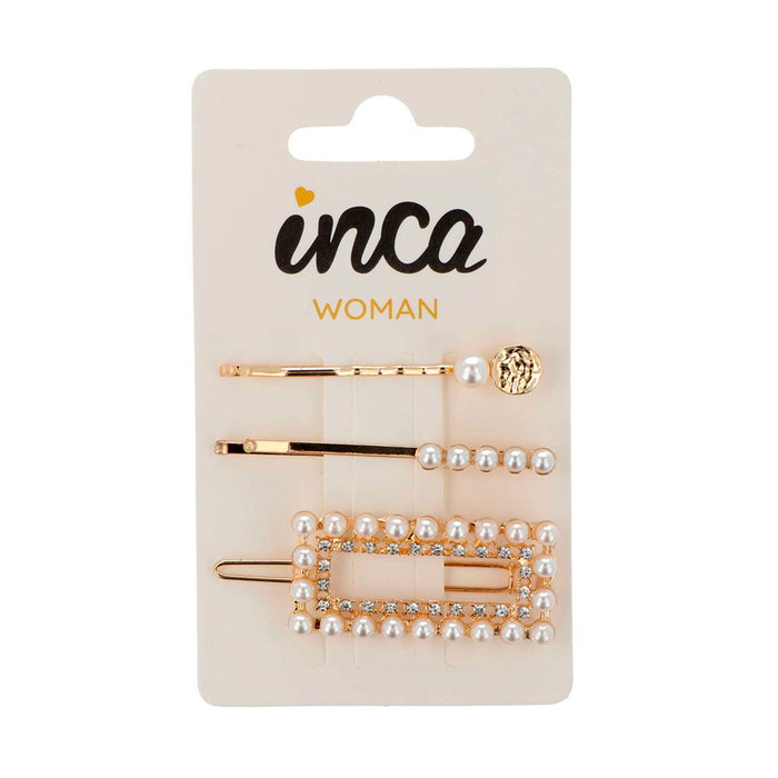 Inca Barrette et Épingle à Cheveux avec Perles Blanches - Lot de 3 Pièces - Doré