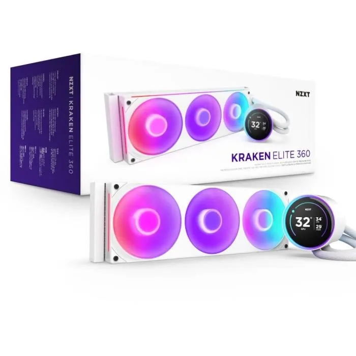 NZXT RL-KR36E-W2 Kraken Elite 360 RGB - Watercooling avec écran LCD IPS 2.72", panneau RGB personnalisable, ventilateurs RGB Core - Blanc - Compatible Intel et AMD