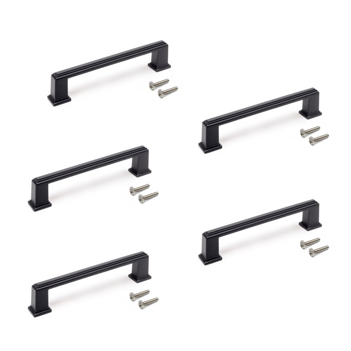 Emuca Lot de 5 poignées pour meubles Tanger, L147.5mm, entraxe 128mm, Zamak , Peint en noir Emuca Lot de 5 poignées pour meubles Tanger, L147.5mm, entraxe 128mm, Zamak , Peint en noir