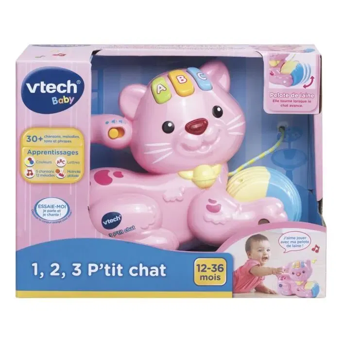 VTECH Baby 1,2,3 P'tit Chat Rose - Chaton parlant et chantant avec nez lumineux, 12 mélodies, jouet à tirer pour enfant de 12 à 36 mois
