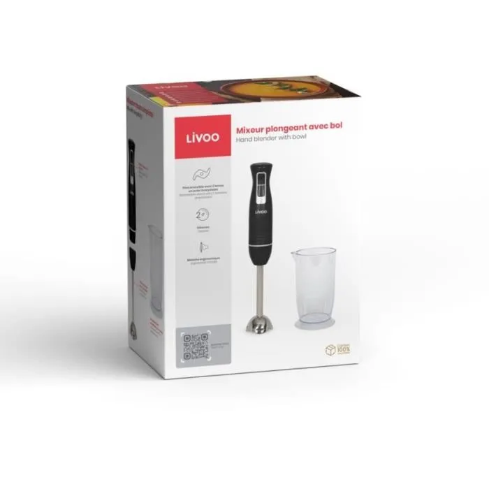 Livoo DOP245N Mixeur plongeant 400 W avec bol gradué 700 ml, 2 vitesses, lames inox, noir - Appareil de cuisine