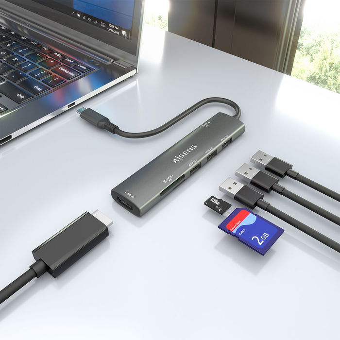Hub USB Aisens 7 EN 1 Gris 100 W Hub USB Aisens 7 EN 1 Gris 100 W