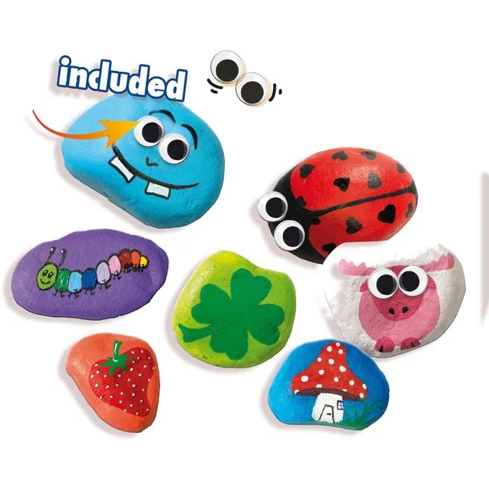 SES CREATIVE Kit Peinture sur Pierre, Set Créatif DIY avec 6 Pots de Peinture, Pierres Naturelles, Pinceau et Yeux pour Enfants à Partir de 5 Ans