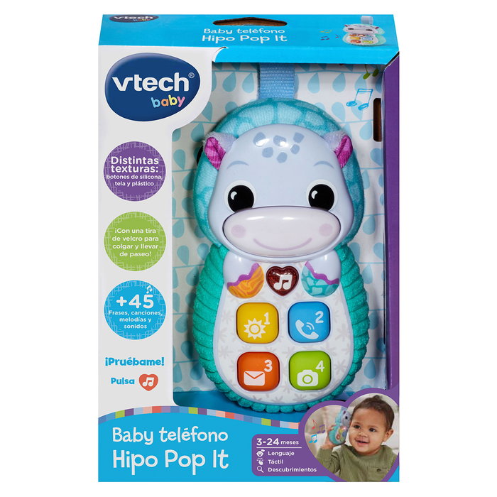 V-Tech Téléphone pour Bébé Hippo-Pop It Bleu avec Boutons Pop-It Silicone Apprentissage Couleurs Nombres 3 Mois et Plus Modèle 80-566822