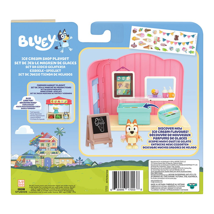 Moose Bluey - Set Tienda de Helados 17553 - Figurine Bingo articulée avec accessoires et autocollants - Version en espagnol - Jouet pour enfants +3 ans