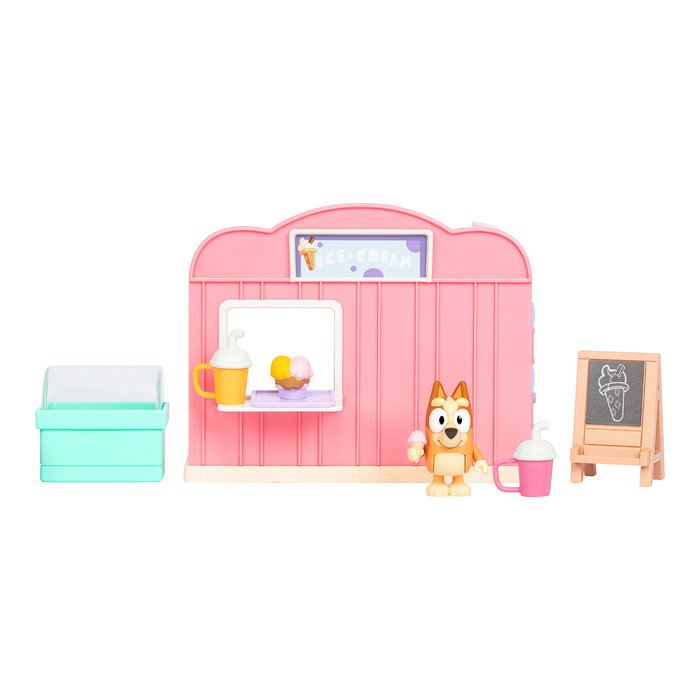 Moose Bluey - Set Tienda de Helados 17553 - Figurine Bingo articulée avec accessoires et autocollants - Version en espagnol - Jouet pour enfants +3 ans