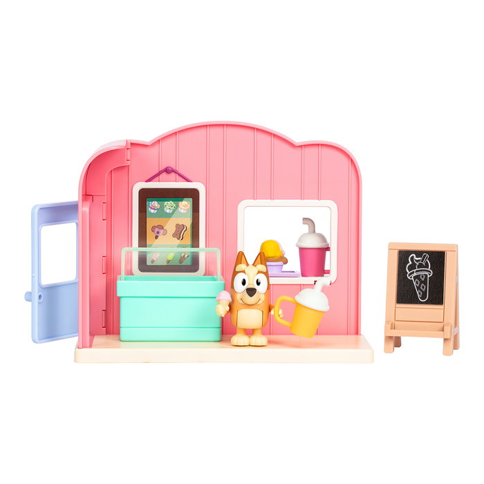 Moose Bluey - Set Tienda de Helados 17553 - Figurine Bingo articulée avec accessoires et autocollants - Version en espagnol - Jouet pour enfants +3 ans