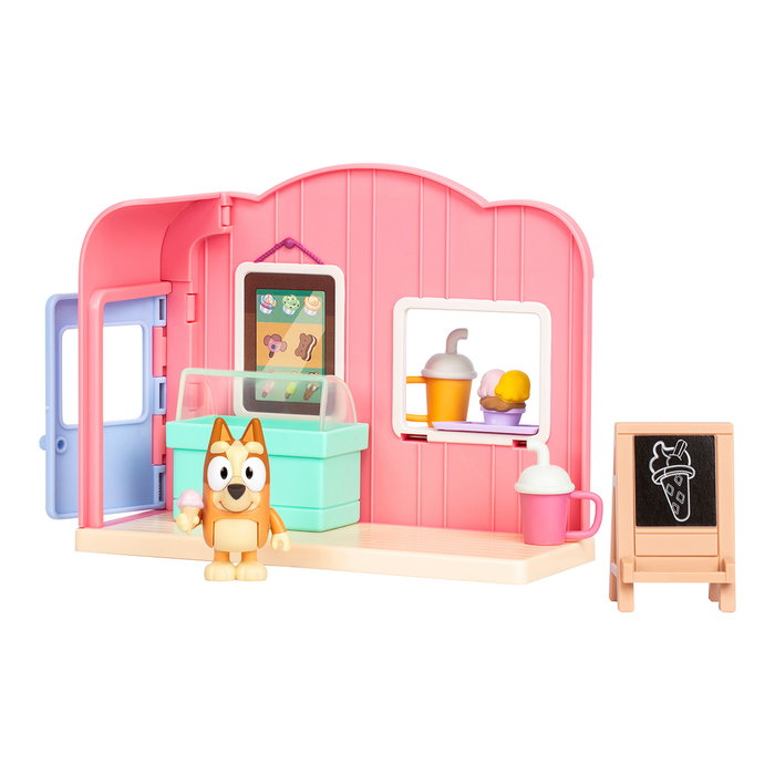 Moose Bluey - Set Tienda de Helados 17553 - Figurine Bingo articulée avec accessoires et autocollants - Version en espagnol - Jouet pour enfants +3 ans