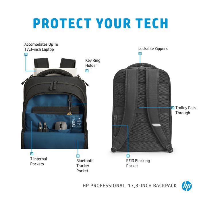 HP Sac à dos HP Professional pour ordinateur portable 17,3 pouces - Réutilisé, avec protection RFID et poche tracker Bluetooth - Confortable et sécurisé