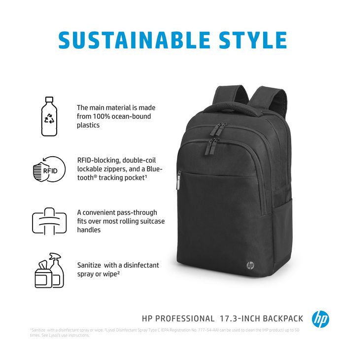 HP Sac à dos HP Professional pour ordinateur portable 17,3 pouces - Réutilisé, avec protection RFID et poche tracker Bluetooth - Confortable et sécurisé