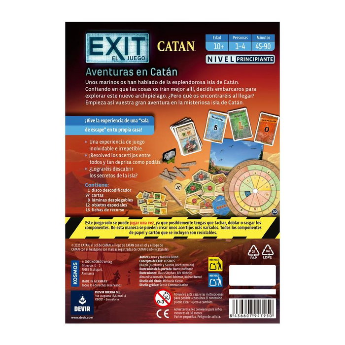 Devir Jeu de société EXIT : Aventures en Catán – Jeu coopératif d'énigmes pour 1 à 4 joueurs, dès 10 ans
