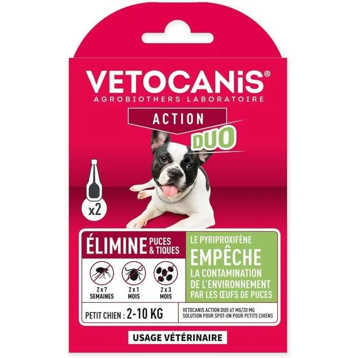 VETOCANIS DUO Solution Antiparasitaire Spot-On pour Chiens 2 à 10 kg - Fipronil 67 mg et Pyriproxyfène 20 mg - 2 Pipettes contre Puces, Tiques et Œufs