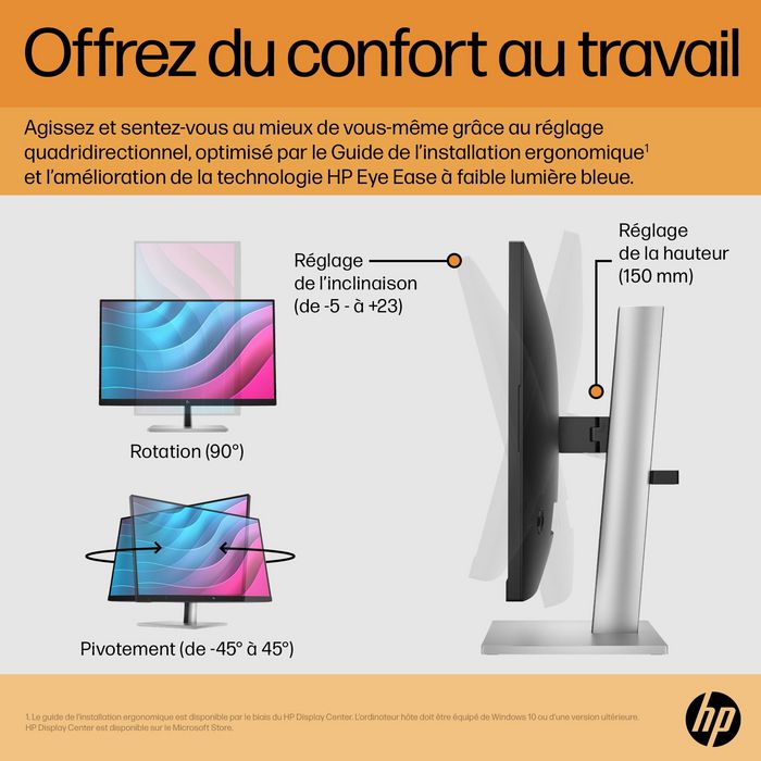 HP Écran E24 G5 - 23,8 Pouces FHD (1920x1080) IPS - 75 Hz - Réglage Hauteur/Pivot - Micro-bordure 3 côtés - Connectivité complète - HP Eye Ease HP Écran E24 G5 - 23,8 Pouces FHD (1920x1080) IPS - 75 Hz - Réglage Hauteur/Pivot - Micro-bordure 3 côtés - Connectivité complète - HP Eye Ease