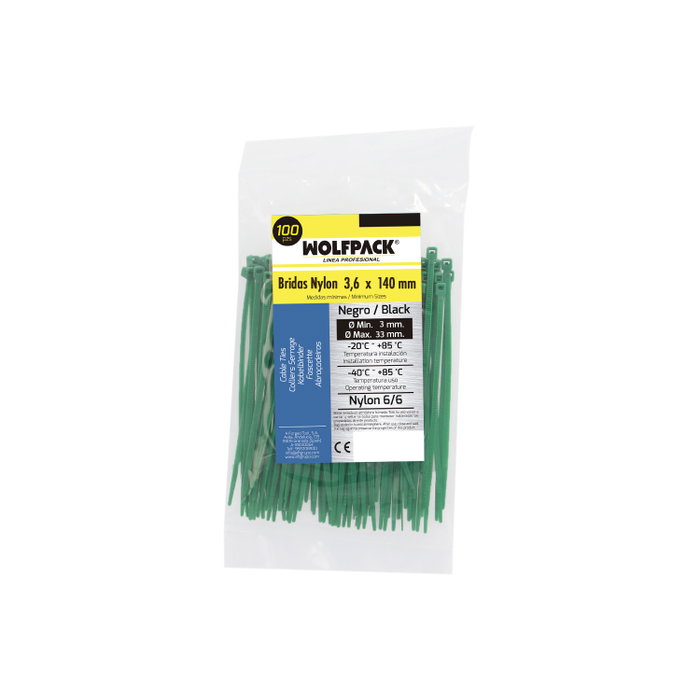 WOLFPACK LINEA PROFESIONAL Colliers de serrage en nylon vert 3,6 x 140 mm (Lot de 100)