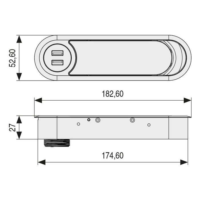 HERRAJES ALK Tical 180x53 - Passe-câble ovale mural avec 2 ports USB, blanc, chargeur non inclus