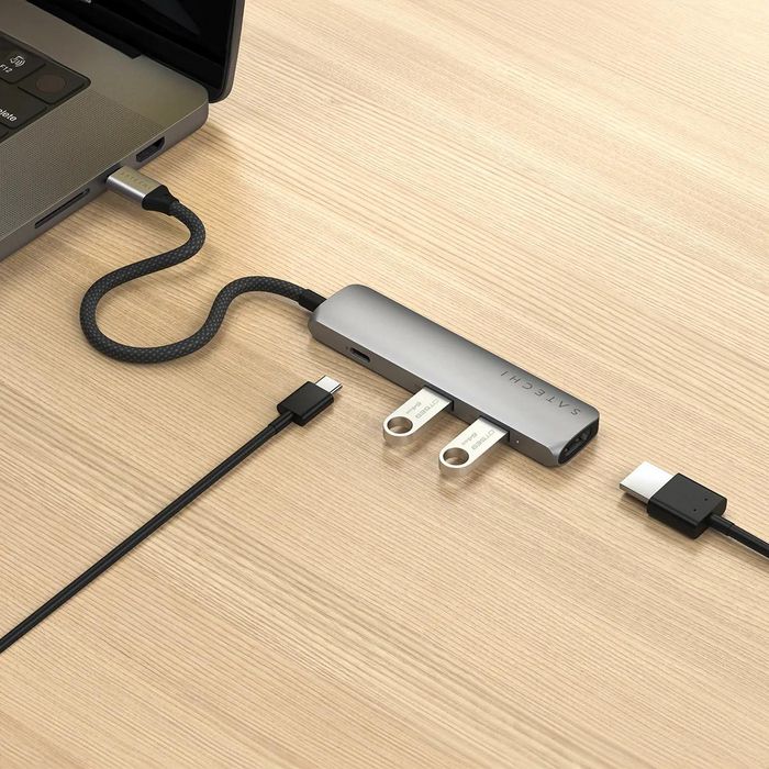 Satechi - Adaptateur multiport USB-C Slim 4-en-1 avec sortie HDMI 4K, port USB 3.0 (10 Gbps), 100W - Space Grey