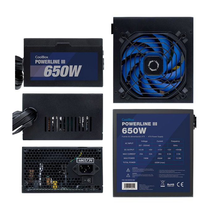 CoolBox Powerline III 650W Alimentation PC 80+ Blanc, Ventilateur 120mm Silencieux, ATX, 20+4 pin, Noir