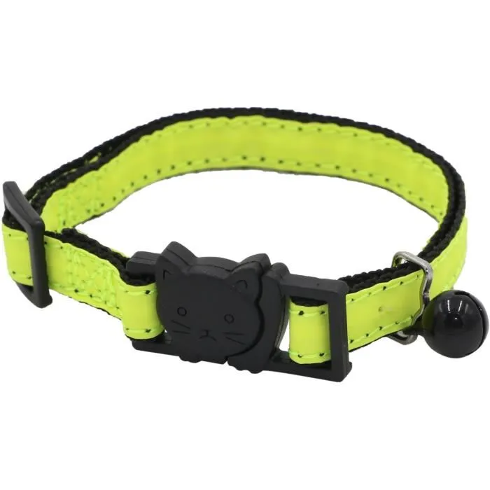 Aime Collier pour chat lumineux sécurisé, jaune fluo à paillettes dorées avec grelot argenté - Ajustable 18 à 28 cm