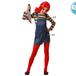 Déguisement Enfant Fille Poupée Possédée Halloween avec Salopette et T-shirt Rayé Gris Taille 3-4 Ans Polyester