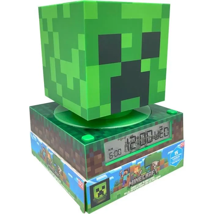 Kids Licensing - MIN3020 - Révéil et lampe veilleuse figurine 3D Minecraft, lumière douce, fonctionne sur piles AA incluses