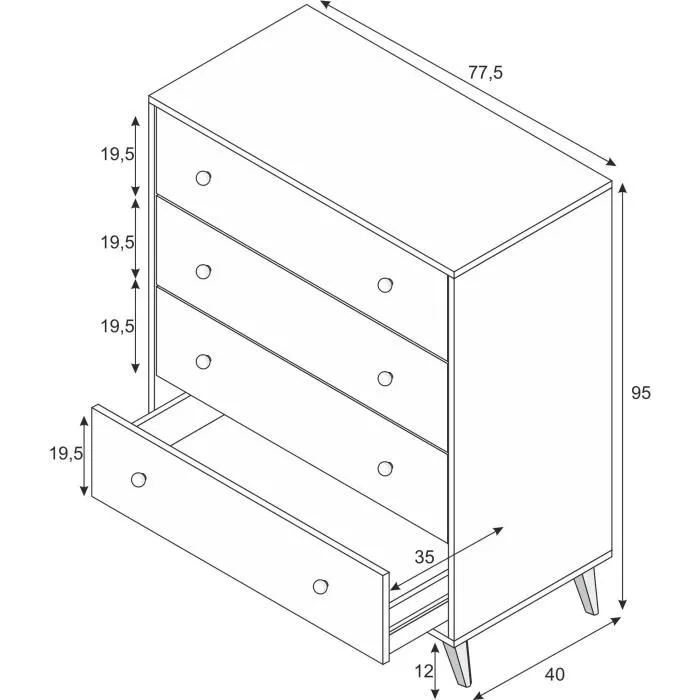 Calicosy Commode Sweet Blanc 4 tiroirs 95 x 77.5 x 40 cm en panneaux de particules, montage facile pour chambre