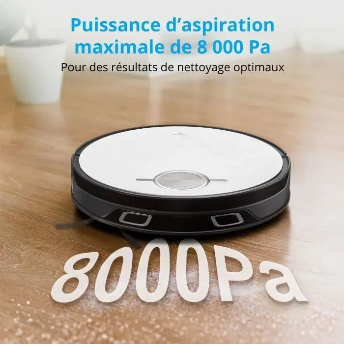 Robot aspirateur et laveur Medion X50 SW avec station de vidange, navigation laser 360°, puissance 8000 Pa, gestion des zones interdites, pour passage sous meubles (8,5 cm)