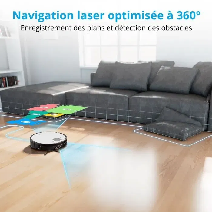 Robot aspirateur et laveur Medion X50 SW avec station de vidange, navigation laser 360°, puissance 8000 Pa, gestion des zones interdites, pour passage sous meubles (8,5 cm)