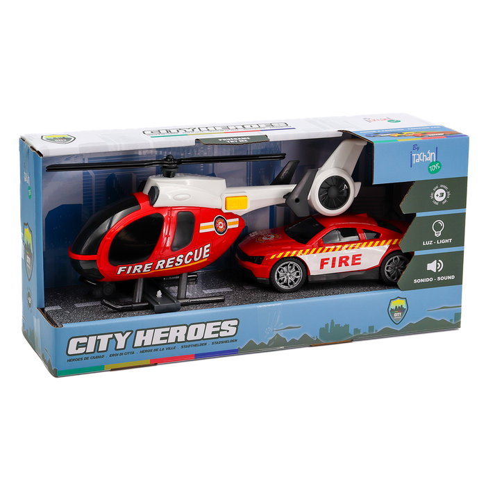Tachan - Pack Véhicules de Secours Hélicoptère et Camion de Pompiers avec Lumières et Sons - Version Multilingue - Échelle 1:14 - À partir de 3 ans