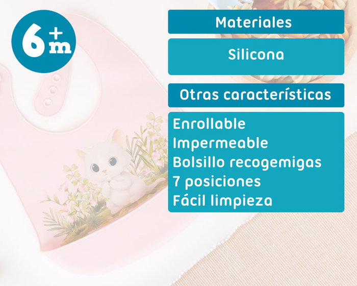 KioKids Babero Biberon Silicona - Bavoir en silicone imperméable avec poche attrape-miettes, design chat rose, réglable, facile à nettoyer - Kiokids
