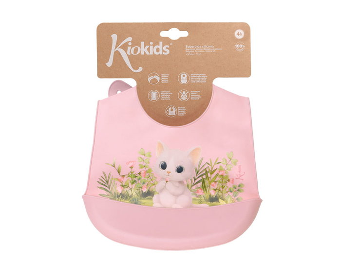 KioKids Babero Biberon Silicona - Bavoir en silicone imperméable avec poche attrape-miettes, design chat rose, réglable, facile à nettoyer - Kiokids