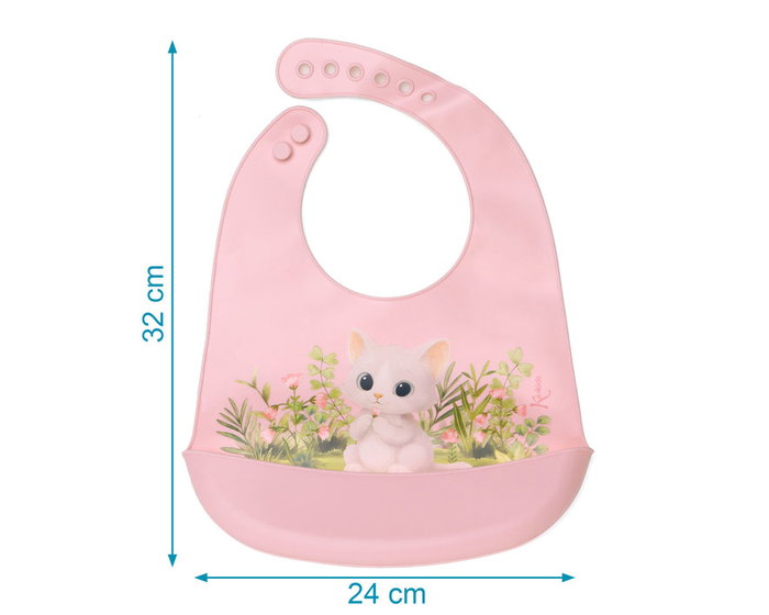 KioKids Babero Biberon Silicona - Bavoir en silicone imperméable avec poche attrape-miettes, design chat rose, réglable, facile à nettoyer - Kiokids