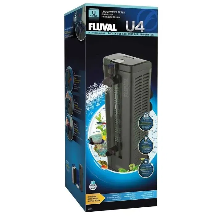 Fluval U4 Filtre submersible pour aquarium - Filtration 3 étapes jusqu'à 240 L, régulateur de débit, inclus mousses et cartouches