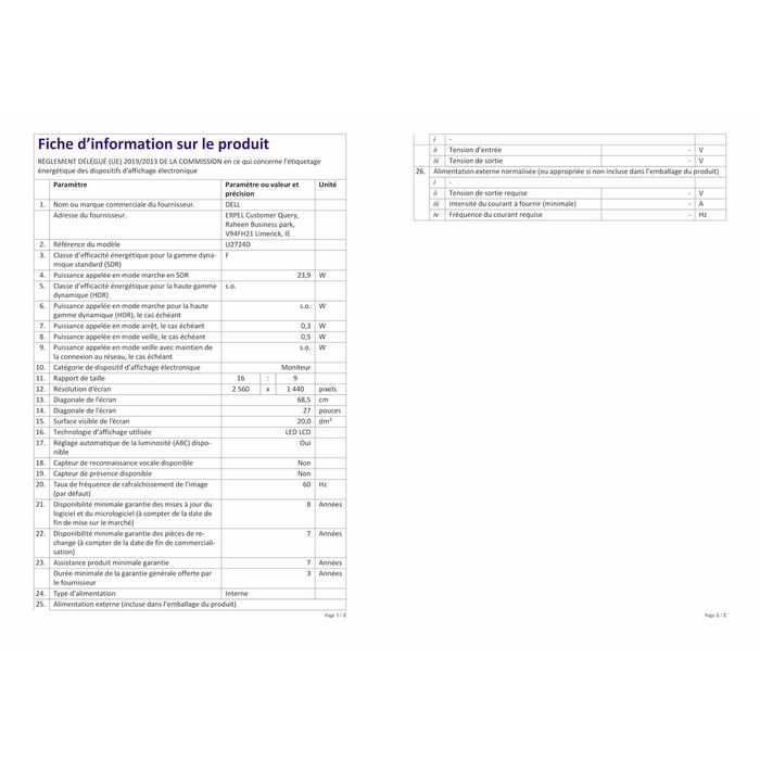 Dell U2724D / 210-BKVB - Moniteur 27 pouces QHD IPS USB-C, Noir