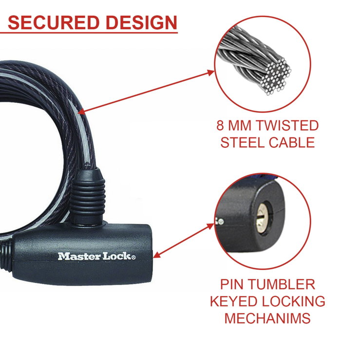 Master Lock Câble de sécurité enroulable avec clé, Ø0,8 x 180 cm
