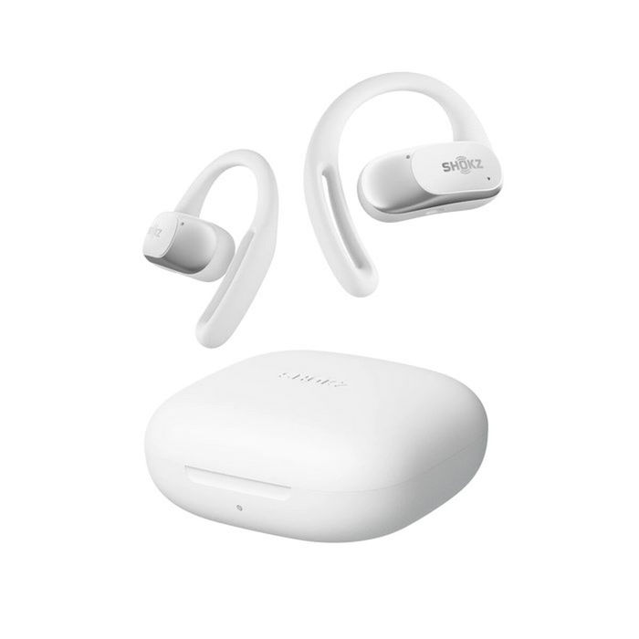 Shokz OpenFit Air Casque Audio Bluetooth Sans Fil à Conduction Osseuse avec Crochets Auriculaires - IP54 - Charge Rapide - Blanc