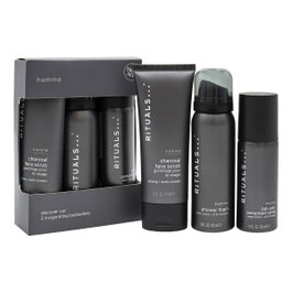 Rituals - Coffret Homme : Gommage visage au charbon 70g + Déo spray 24h 50ml + Gel douche Cèdre & Vitamine E 50ml