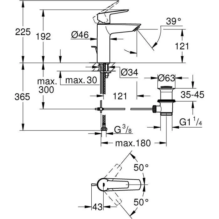 Grohe Mitigeur Monocommande pour Lavabo, Taille M, Finition Chromé, Système d'Économie d'Eau, Bec Droit, Hauteur 188 mm